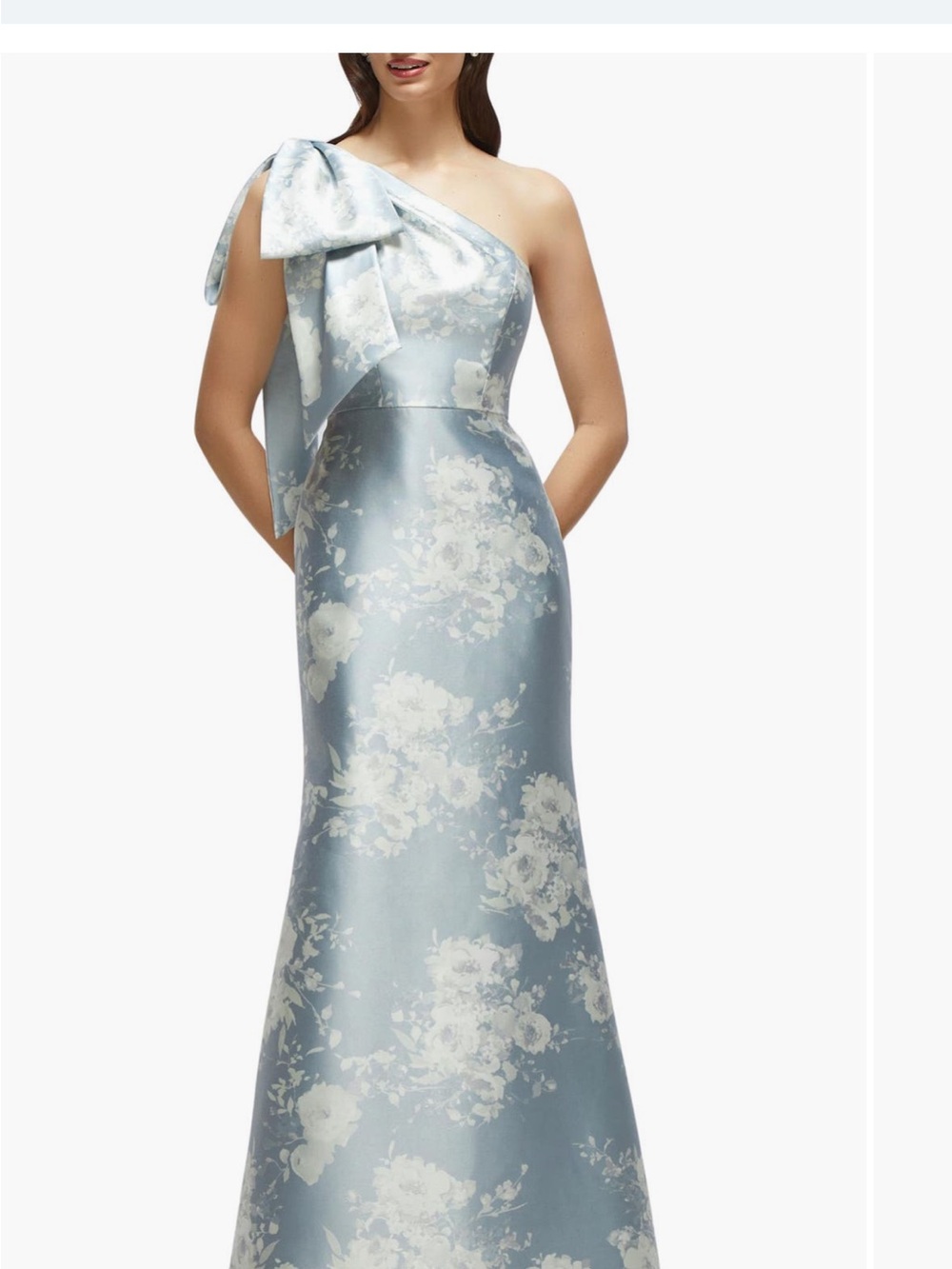 ALFRED SUNG One-Shoulder Pale Blue and Ivory Floral Jacquard Gown - Picture 6 of 7
